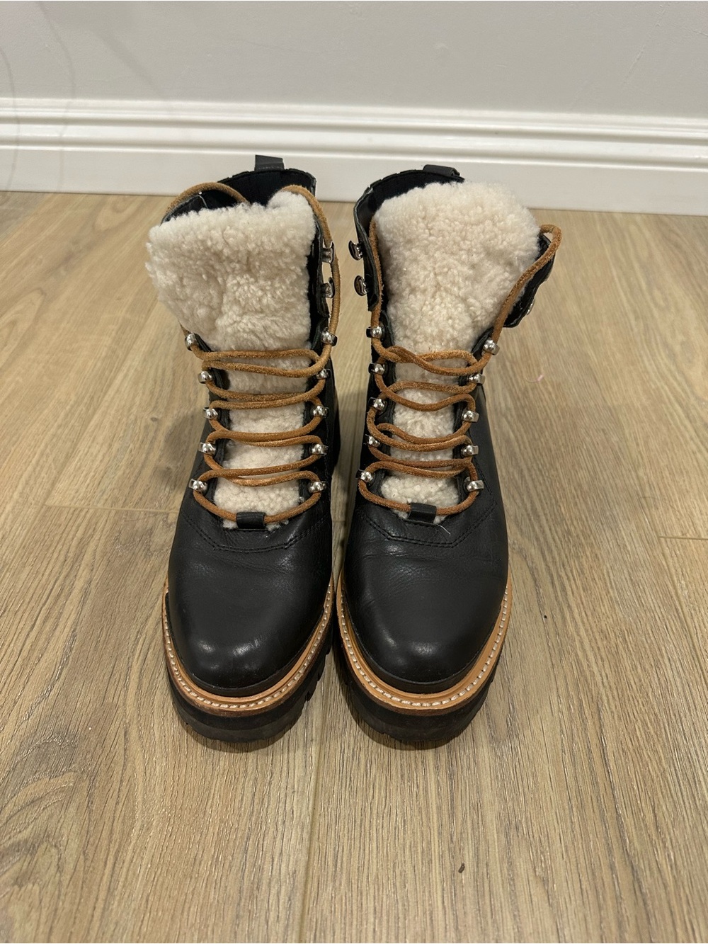 Marc Fisher Black Leather Lace-Up Ankle Boots with Cream Shearling